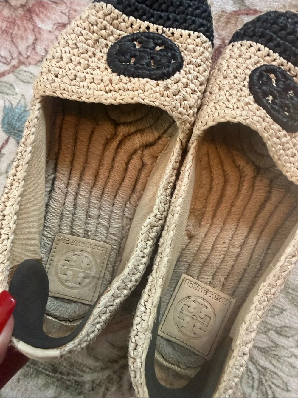 Tory Burch Crochet Espadrille Flats in Natural and Black Raffia
